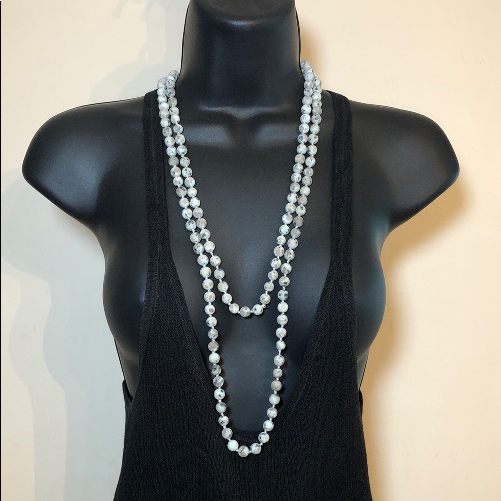 Kiwi jasper stone bead extra long 60 inch flapper necklace boho statement layer.
